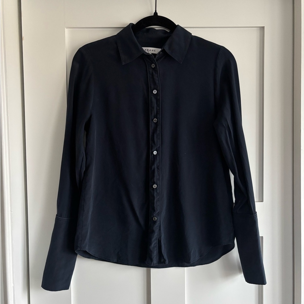 Frame Button Down Silk Blouse in Navy. Size XS.